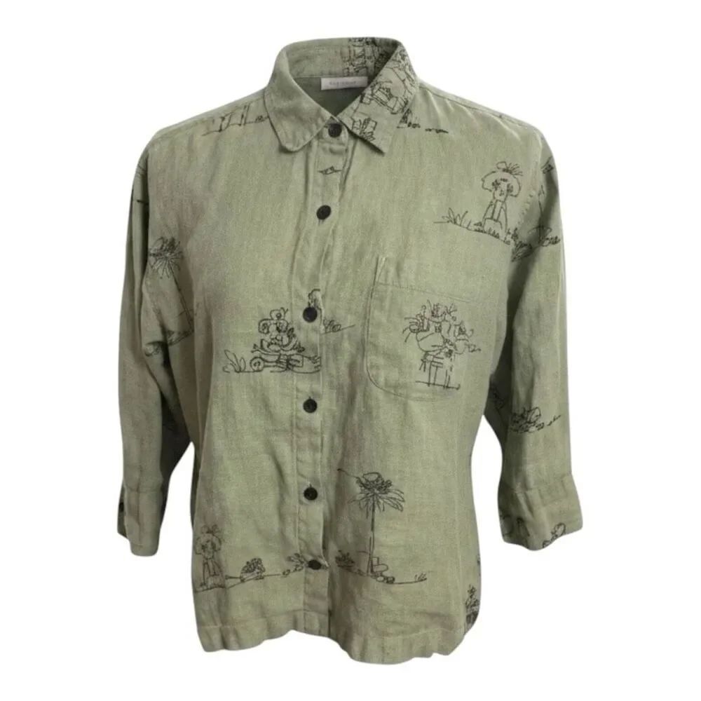 Chico's Button Down Shirt Women Size 0 (4) Green Linen Animal Print Casual